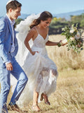 Stunning Tulle A-line Long Beach Wedding Dress Spaghett Straps Backless Boho Bridal Gowns OKY97