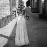 Stunning Tulle A-line Long Beach Wedding Dress Spaghett Straps Backless Boho Bridal Gowns OKY97