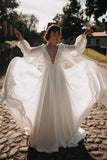 Beautiful Chiffon V Back Wedding Gowns Long Puffy Sleeves Beach Wedding Dress OK1200