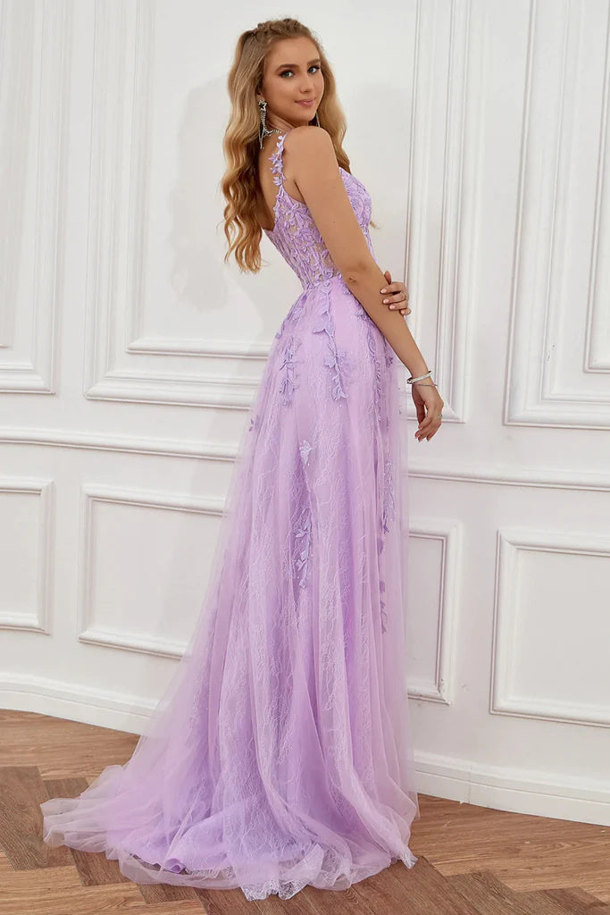 Elegant Off Shoulder Lilac Purple Lace Appliques Long Prom Dresses with High Slit OK1722
