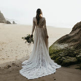 Beach Wedding Dress Long Sleeves V Neck Lace Chiffon A-line Bridal Gowns OKY94