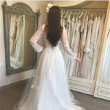 A-line V-Neck Lantern Sleeve Lace Appliques Wedding Lace Up Back Formal Bride Gowns OKV35