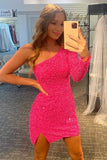 One Sleeve Hot Pink Sequined Short School Party Dress Homecoming Dress OK1456