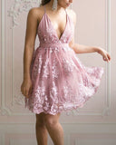 A Line Lace Appliqued V-neck Short Homecoming Dresses OKO68