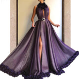 Purple Long A-line Split Cheap Prom Dress With Flowers OKH56