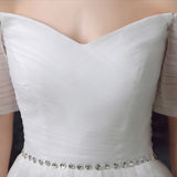 Simple Tulle Off Shoulder Floor-Length Short Sleeves A-line Lace Up Back Wedding Dresses OK802