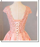 Blush Pink A Line Cap Sleeves Appliques Beaded Long Prom Dress OKJ85