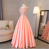 Blush Pink A Line Cap Sleeves Appliques Beaded Long Prom Dress OKJ85