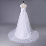 Princess White Tulle Lace Top Beaded Wedding Dress  Cheap Long Bridal Dress OKJ6