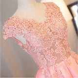 Blush Pink A Line Cap Sleeves Appliques Beaded Long Prom Dress OKJ85