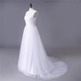 Princess White Tulle Lace Top Beaded Wedding Dress  Cheap Long Bridal Dress OKJ6