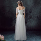 Simple Tulle Off Shoulder Floor-Length Short Sleeves A-line Lace Up Back Wedding Dresses OK802