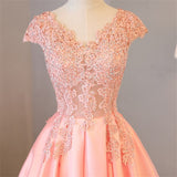 Blush Pink A Line Cap Sleeves Appliques Beaded Long Prom Dress OKJ85