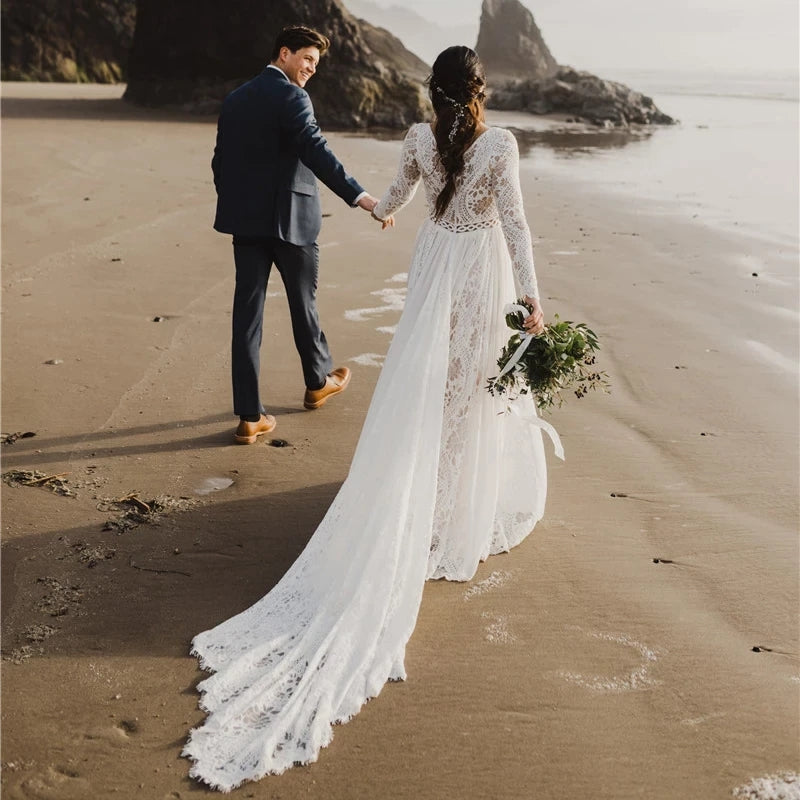 Beach Wedding Dress Long Sleeves V Neck Lace Chiffon A-line Bridal Gowns OKY94