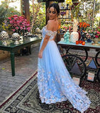 Light Blue Tulle Off The Shoulder Evening Gowns A Line Lace Appliques Prom Dresses OK632