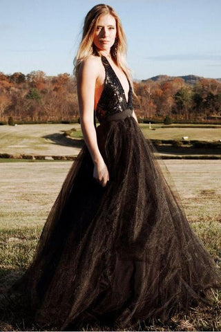 Black Tulle Backless Halter A Line Cheap Long Prom Dress Sexy Evening Dresses OKG27