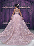 Luxury Pink Lace Wedding Dresses Halter Embroidery Slleveless Prom Dresses Evening Dress OK486