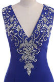 Long Royal Blue V-neck Zipper Back Prom Dresses K105