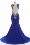 Long Royal Blue V-neck Zipper Back Prom Dresses K105