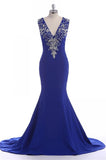 Long Royal Blue V-neck Zipper Back Prom Dresses K105