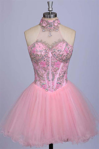 Halter Beaded Cute Classy Tulle Homecoming Dresses K190