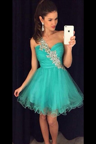 One Shoulder Pretty Teal Short Handmade Homecoming Dress K193