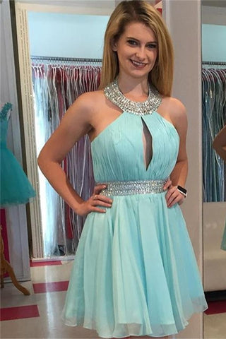 Light Blue Chiffon Cute Halter Short Homecoming Dress K371