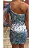 One Sleeve Pretty Sparkly Mermaid Mini Beaded Homecoming Dress K390