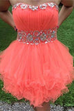 Watermelon Strapless Short Beading Tulle Homecoming Dress K391