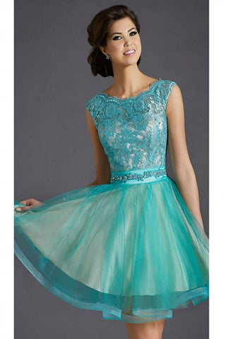 Teal Lace Cap Sleeves Short Beaded Homecoming Dress K66