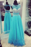 Cap Sleeves Long Beading Blue Elegant Open Back Prom Dress K84