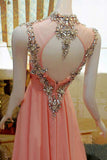 Pink High Low Backless Beading Long Chiffon Prom Dresses K89