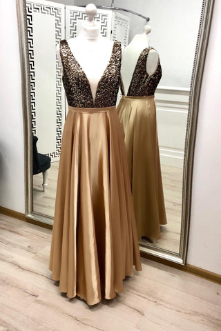 Charming A Line V Neck Gold Prom Dress, Beaded Long Prom Dress OKK21