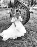 Off Shoulder A-line Lace Appliqued Boho Wedding Gown Beach Bridal Gowns OKV66