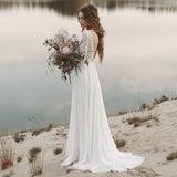 Long Sleeve Beach Wedding Dress Chiffon Lace Wedding Gowns V-Neck Open Back Bridal Dresses OKV23