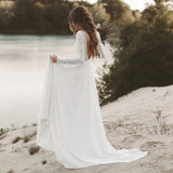 Long Sleeve Beach Wedding Dress Chiffon Lace Wedding Gowns V-Neck Open Back Bridal Dresses OKV23