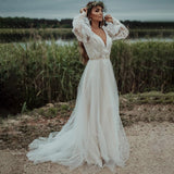 Long Sleeves V Neck Beach Wedding Dress Boho High Slit Backless Bridal Gowns OKY95