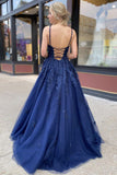 Navy Blue Tulle Lace Appliques Prom Dress A-line Long Formal Evening Dress OKX59