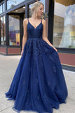 Navy Blue Tulle Lace Appliques Prom Dress A-line Long Formal Evening Dress OKX59