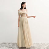 Charming Off the Shoulder A Line Tulle Long Prom Dress With Beading OKG70