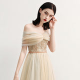 Charming Off the Shoulder A Line Tulle Long Prom Dress With Beading OKG70