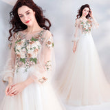 Pretty A Line Long Sleeves Tulle Appliques Prom Dress With Flowers OKG69