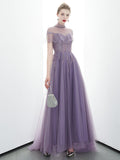 A-line Tulle Long High Neck Purple Prom Dress With Ruffles OKR86