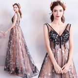 A Line V Neck Appliques Long Prom Dresses With Stars Evening Dresses OKQ71