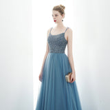 A-line Spaghetti Straps Blue Lace Up Back Beading Tulle Long Prom Dress OKR84