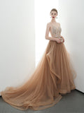 A-line Spaghetti Straps Tulle Long Lace Appliques Prom Dress OKR85