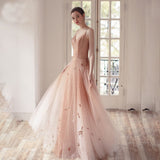 Ombre A Line Long Tulle Spaghetti Straps Prom Dress With Beads OKK60