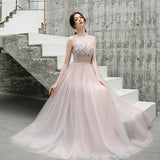 A Line Spaghetti Straps Beaded Long Tulle Prom Dress OKT23