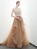 A-line Spaghetti Straps Tulle Long Lace Appliques Prom Dress OKR85