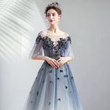 Ombre A Line Half Sleeves Tulle Round Neck Prom Dress OKQ75